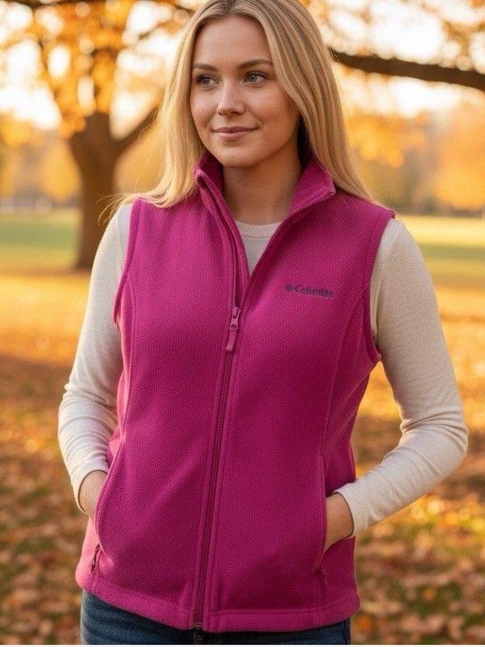 Columbia Pink Full Zip Fleece Vest Size S Lightweight Outdoor